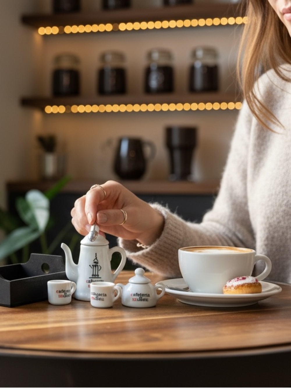 Miniature porcelain coffee set in tray from the coffee museum in Brazil